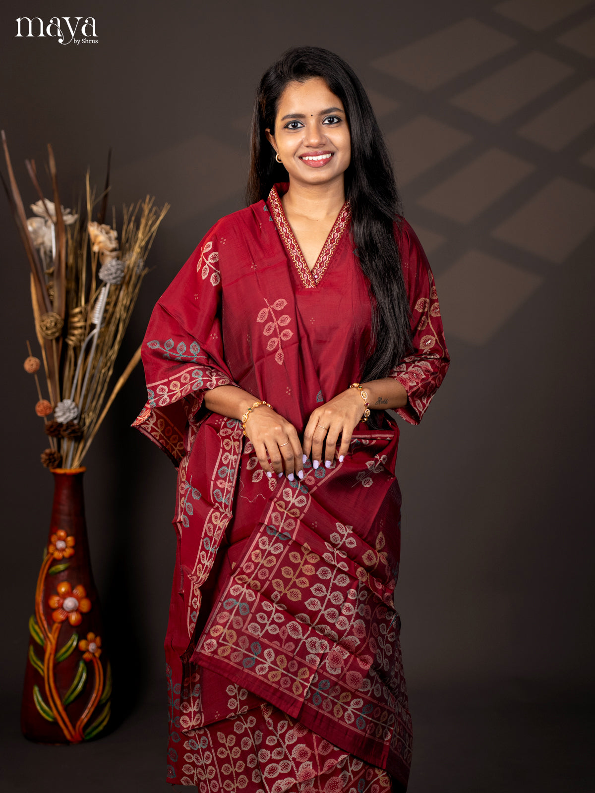 Embroidered Cotton 3Pc Maroon Salwar Suit - Top, Bottom & Dupatta