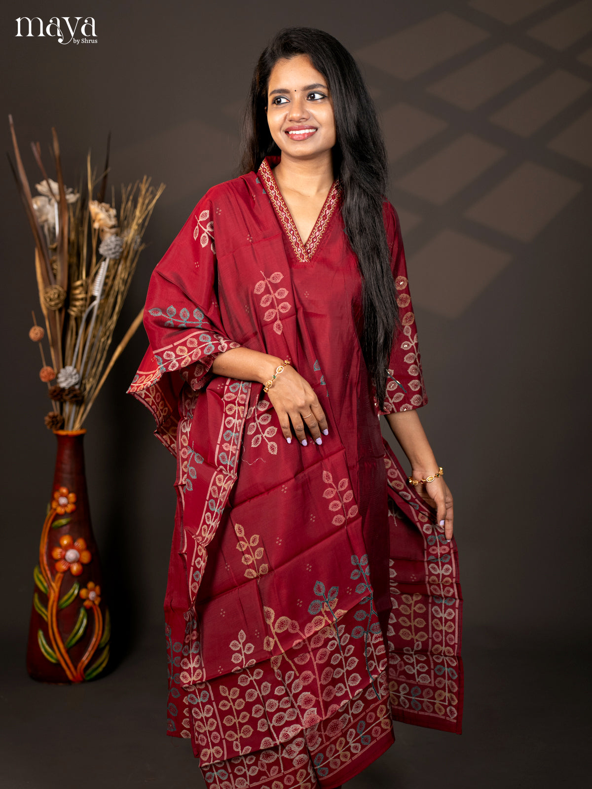 Embroidered Cotton 3Pc Maroon Salwar Suit - Top, Bottom & Dupatta