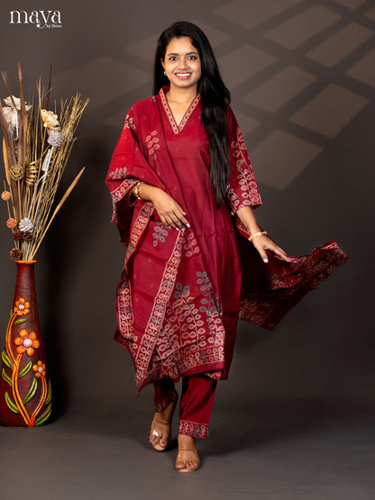 Embroidered Cotton 3Pc Maroon Salwar Suit - Top, Bottom & Dupatta