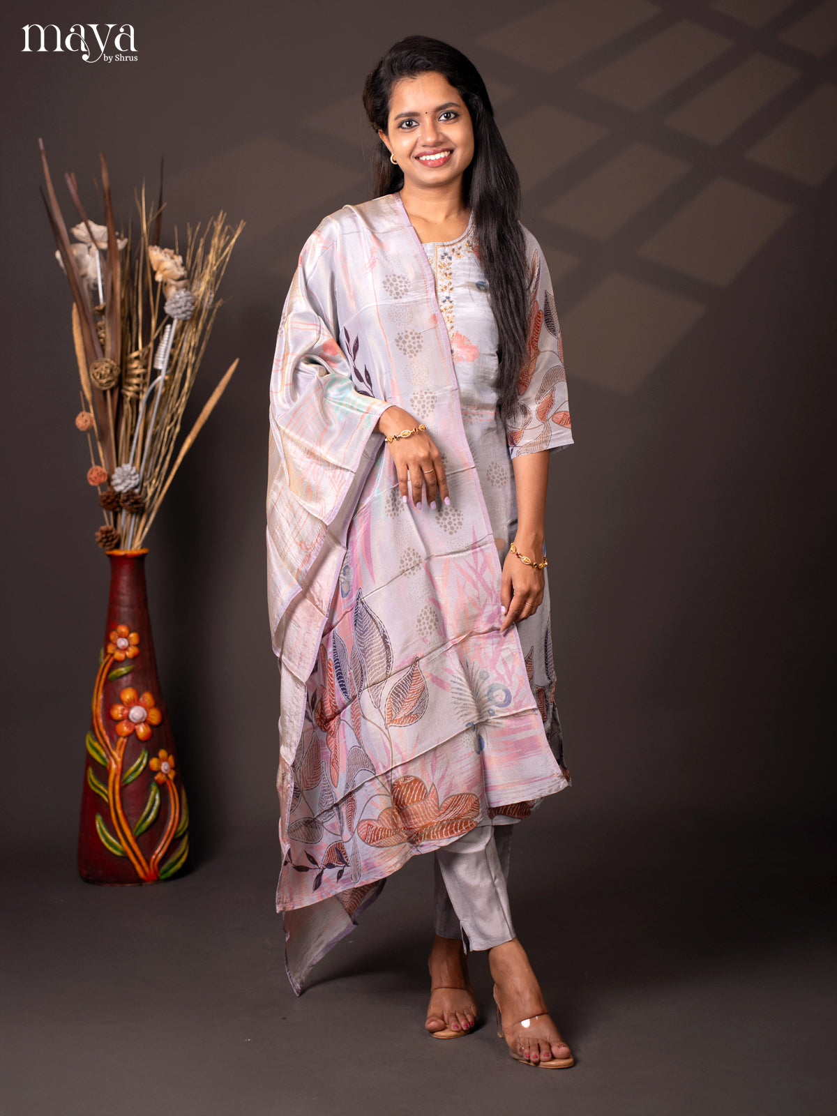 Embroidered Semi Raw Silk 3Pc Grey Salwar Suit - Top, Bottom & Dupatta