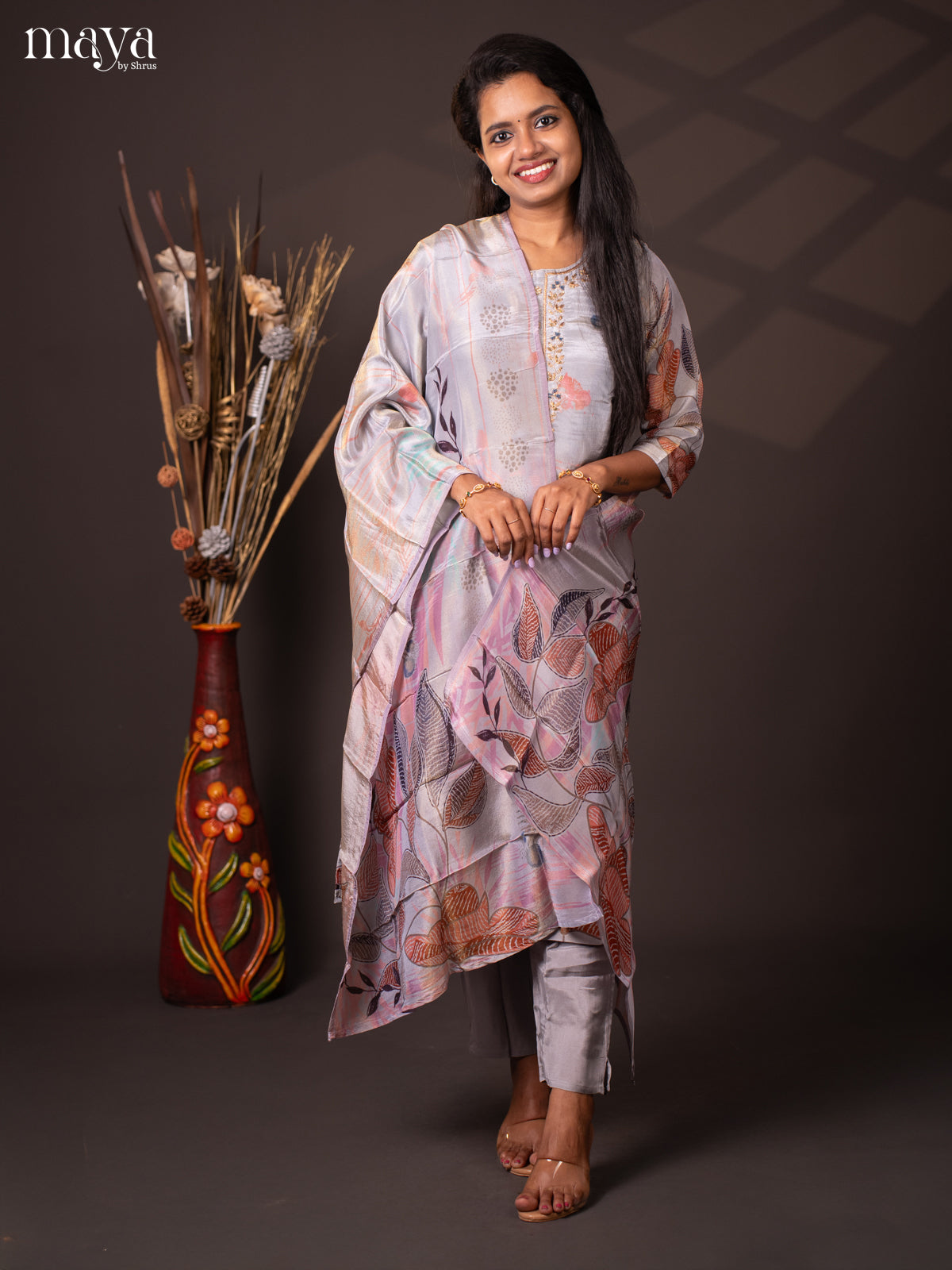 Embroidered Semi Raw Silk 3Pc Grey Salwar Suit - Top, Bottom & Dupatta