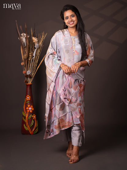 Embroidered Semi Raw Silk 3Pc Grey Salwar Suit - Top, Bottom & Dupatta