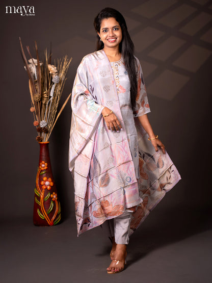 Embroidered Semi Raw Silk 3Pc Grey Salwar Suit - Top, Bottom & Dupatta