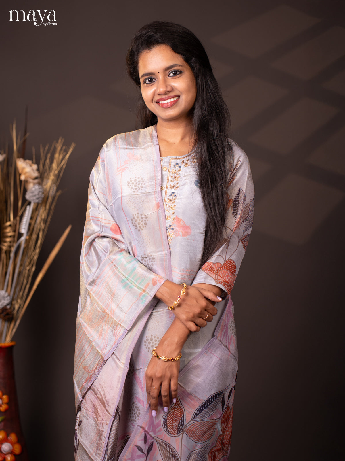 Embroidered Semi Raw Silk 3Pc Grey Salwar Suit - Top, Bottom & Dupatta