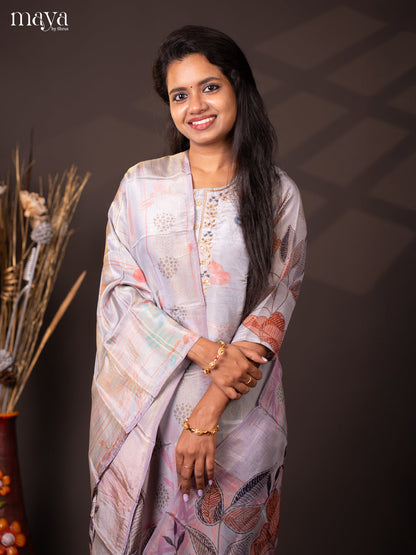 Embroidered Semi Raw Silk 3Pc Grey Salwar Suit - Top, Bottom & Dupatta