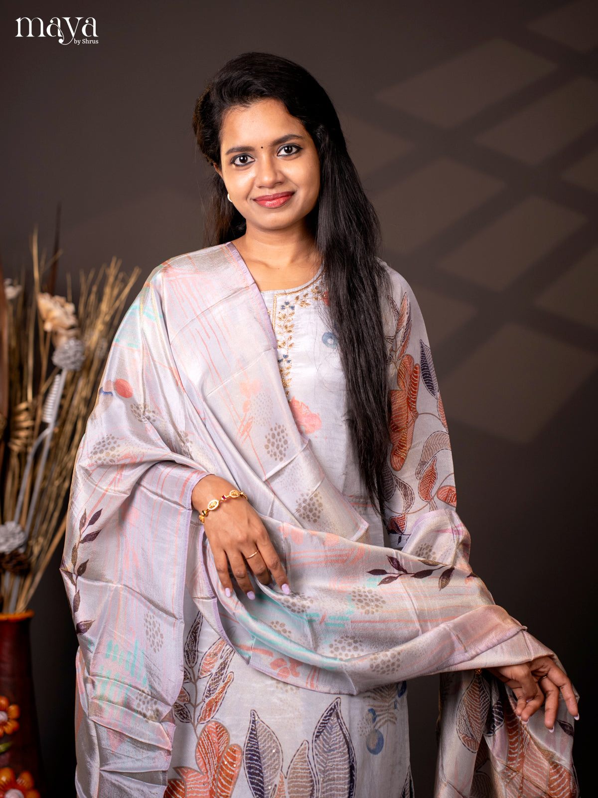Embroidered Semi Raw Silk 3Pc Grey Salwar Suit - Top, Bottom & Dupatta