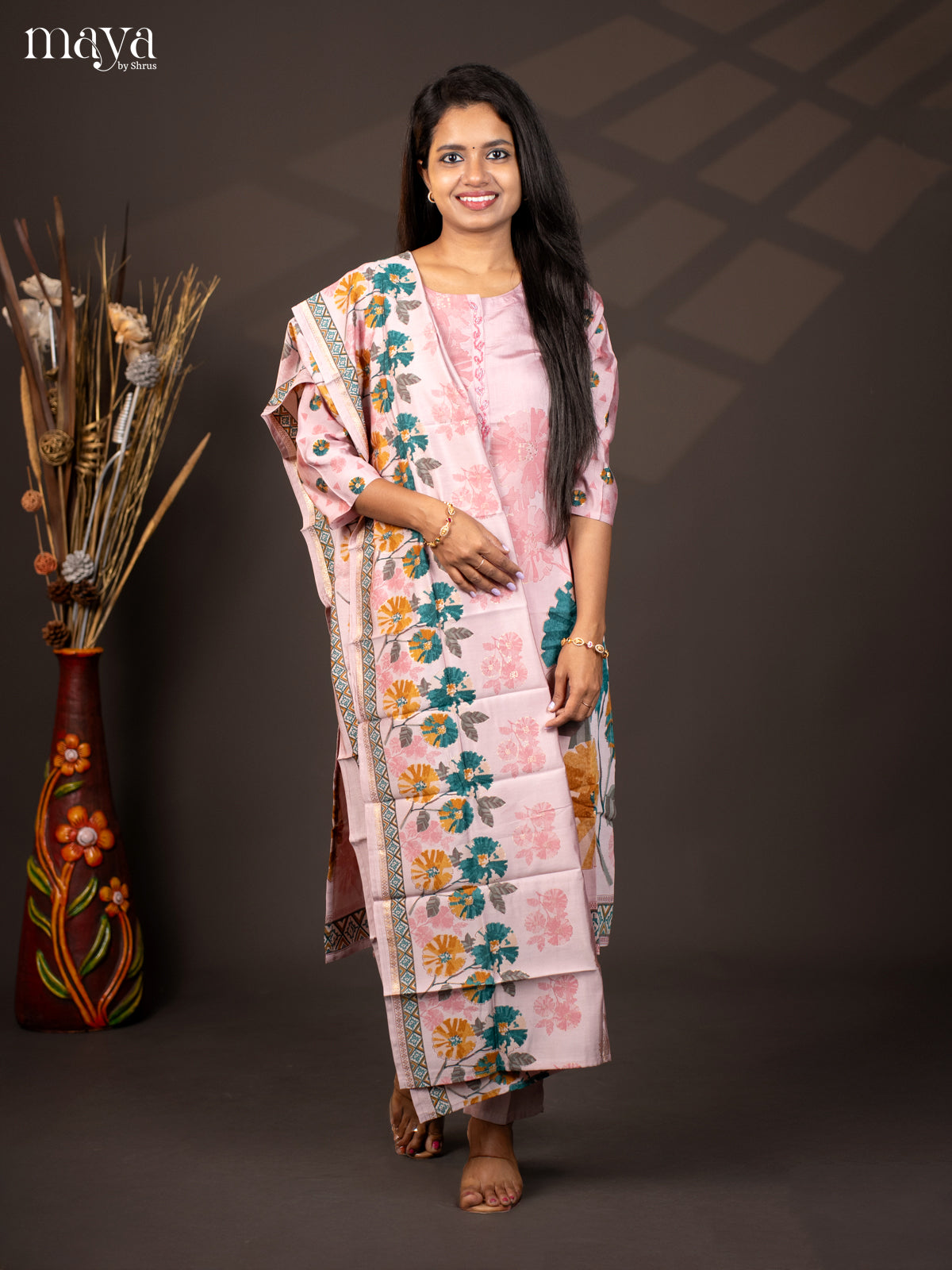 Printed Pink Rayon 3Pc Salwar Suit - Top, Bottom & Dupatta