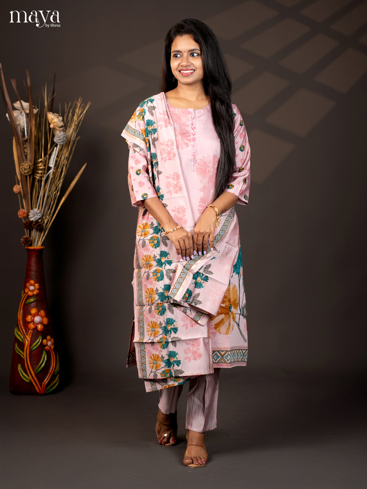 Printed Pink Rayon 3Pc Salwar Suit - Top, Bottom & Dupatta