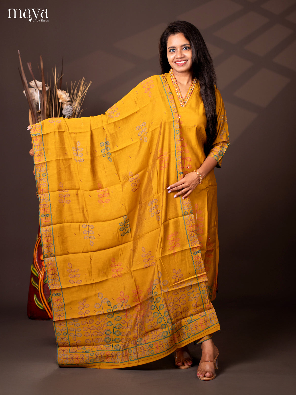 Embroidered Rayon 3Pc Mustard Salwar Suit - Top, Bottom & Dupatta