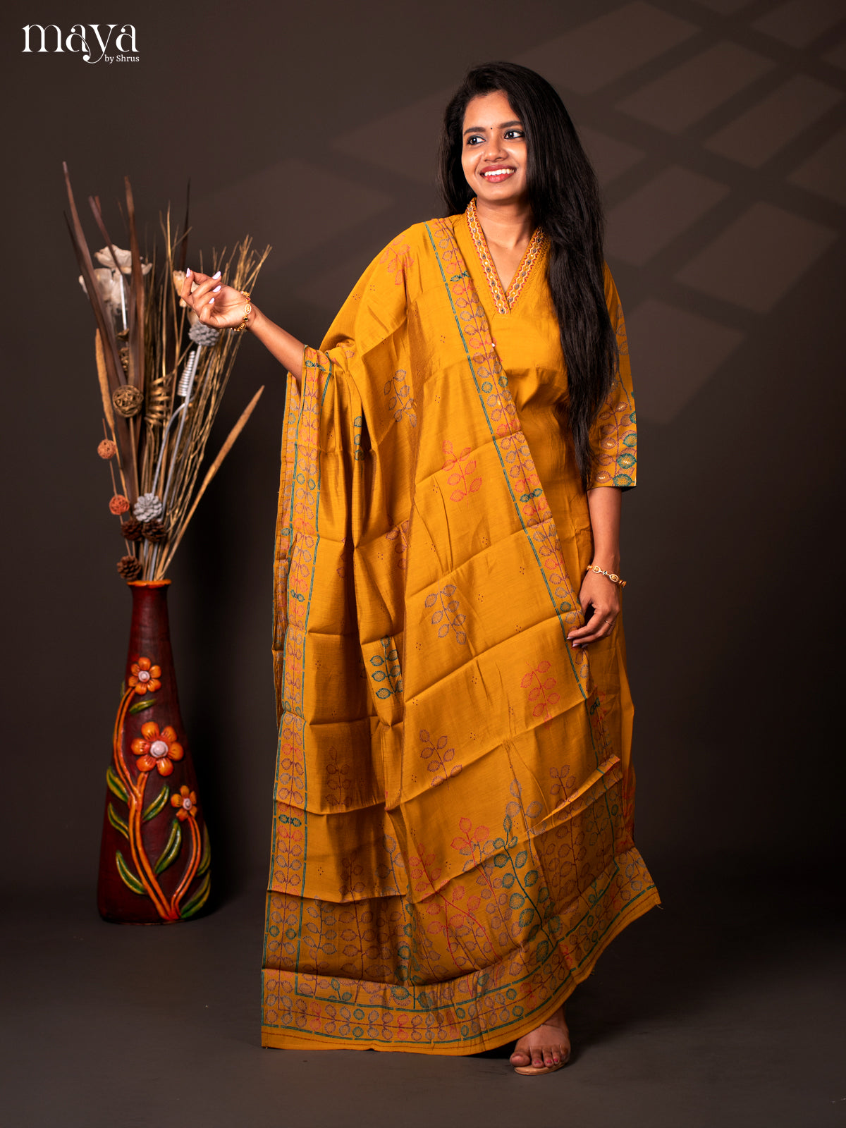 Embroidered Rayon 3Pc Mustard Salwar Suit - Top, Bottom & Dupatta