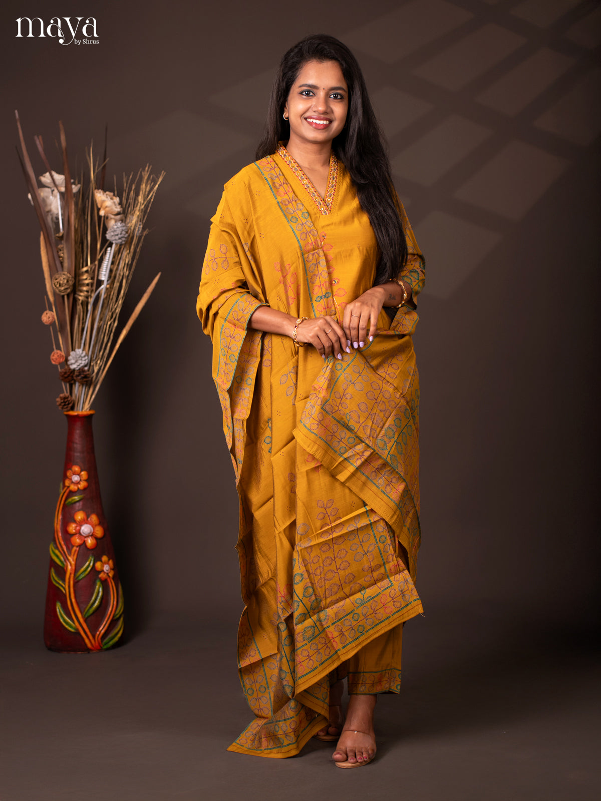 Embroidered Rayon 3Pc Mustard Salwar Suit - Top, Bottom & Dupatta