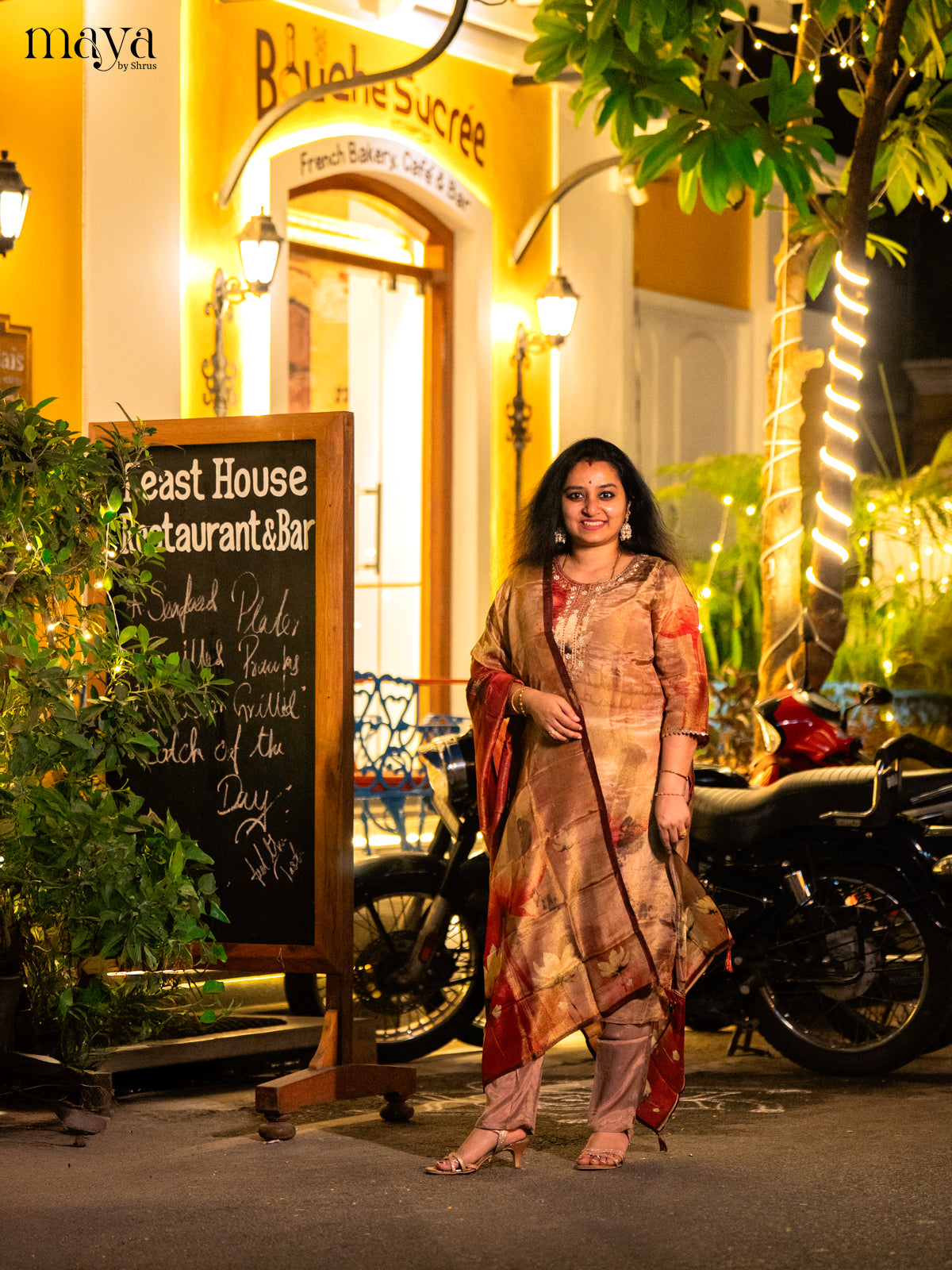 Embroidered Semi Raw Silk 3Pc Brown Salwar Suit - Top, Bottom & Dupatta