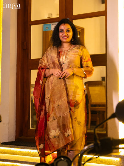 Embroidered Semi Raw Silk 3Pc Brown Salwar Suit - Top, Bottom & Dupatta