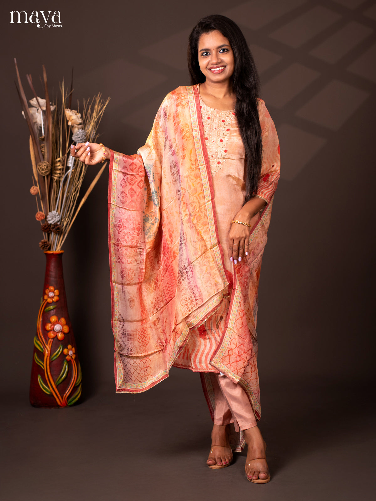Embroidered Semi Raw Silk 3Pc Peach Salwar Suit - Top, Bottom & Dupatta
