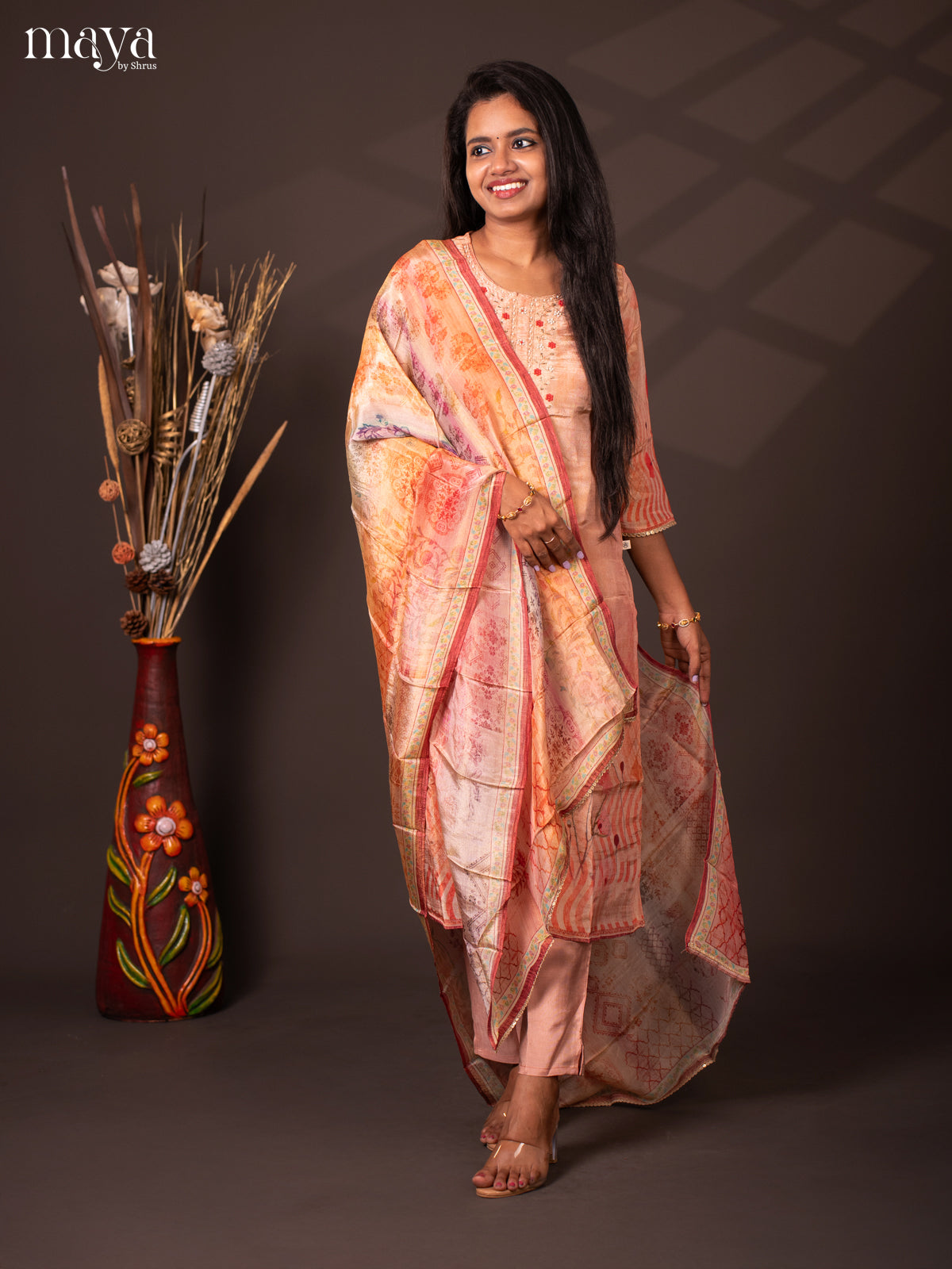 Embroidered Semi Raw Silk 3Pc Peach Salwar Suit - Top, Bottom & Dupatta