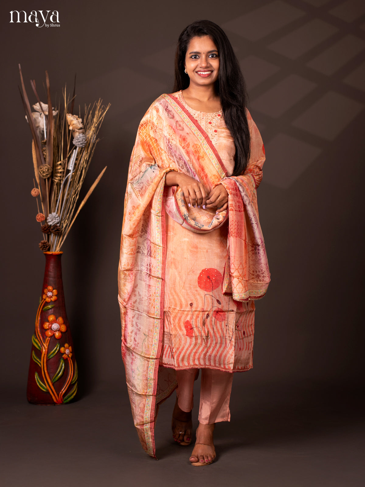 Embroidered Semi Raw Silk 3Pc Peach Salwar Suit - Top, Bottom & Dupatta