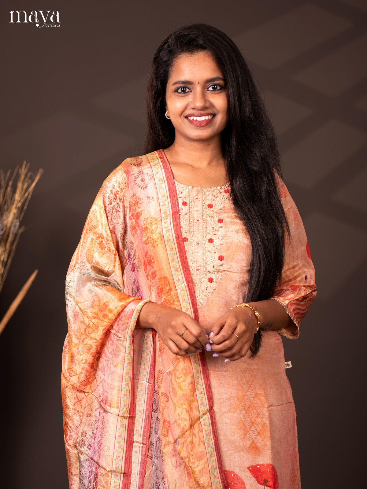 Embroidered Semi Raw Silk 3Pc Peach Salwar Suit - Top, Bottom & Dupatta