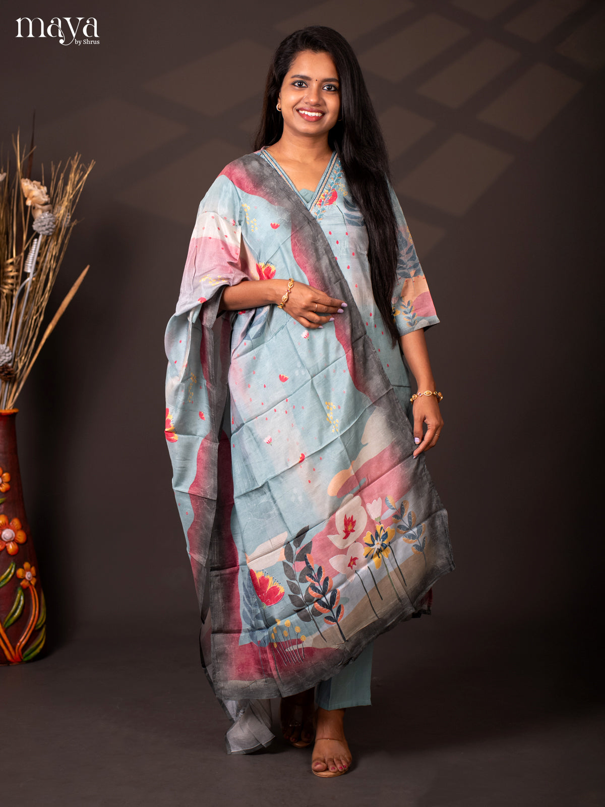 Embroidered Rayon 3Pc Blue Salwar Suit - Top, Bottom & Dupatta