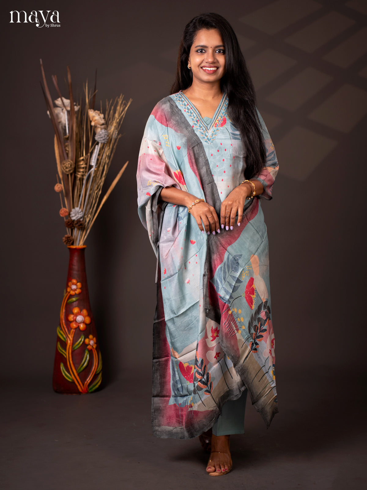 Embroidered Rayon 3Pc Blue Salwar Suit - Top, Bottom & Dupatta