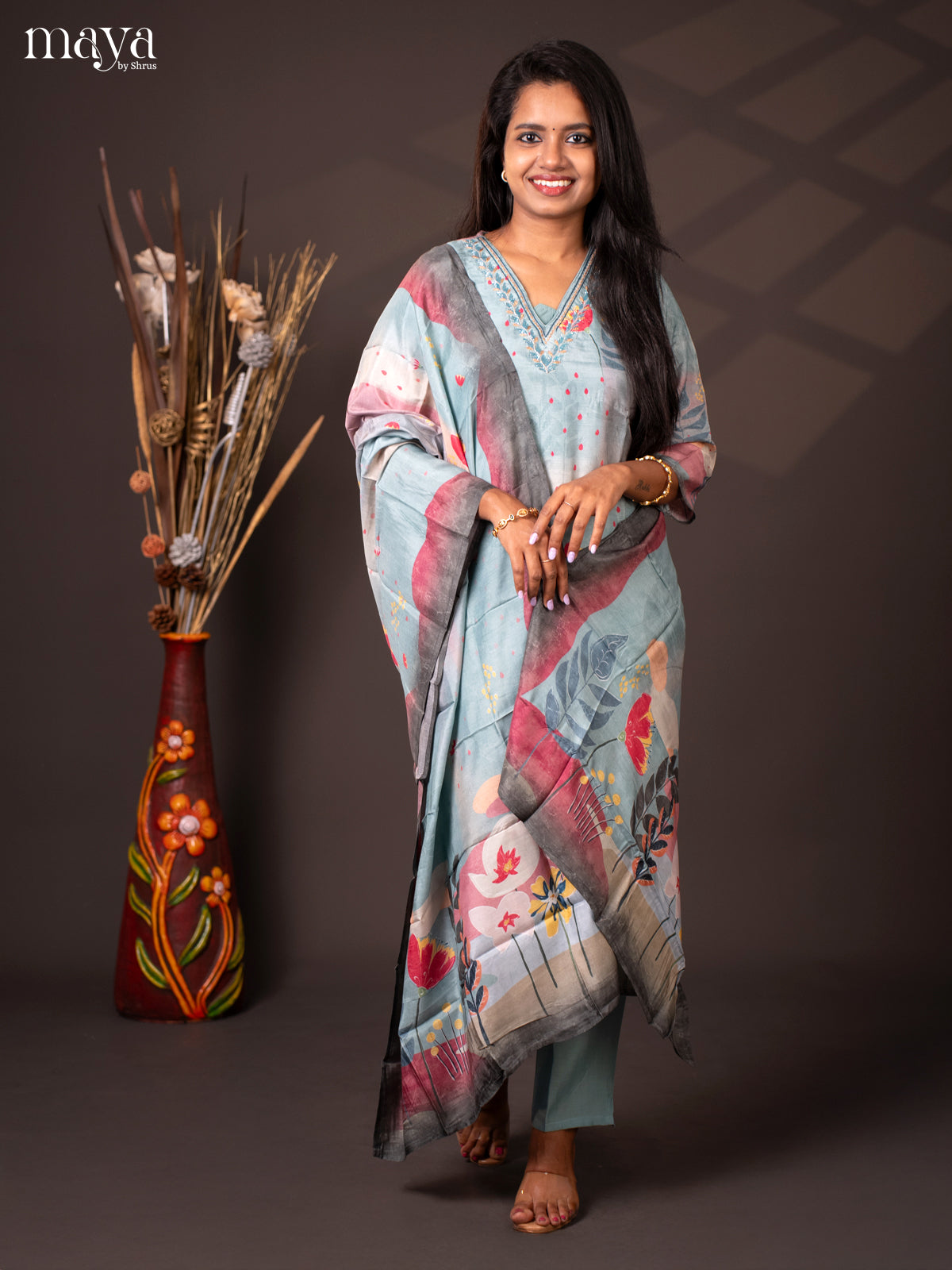 Embroidered Rayon 3Pc Blue Salwar Suit - Top, Bottom & Dupatta