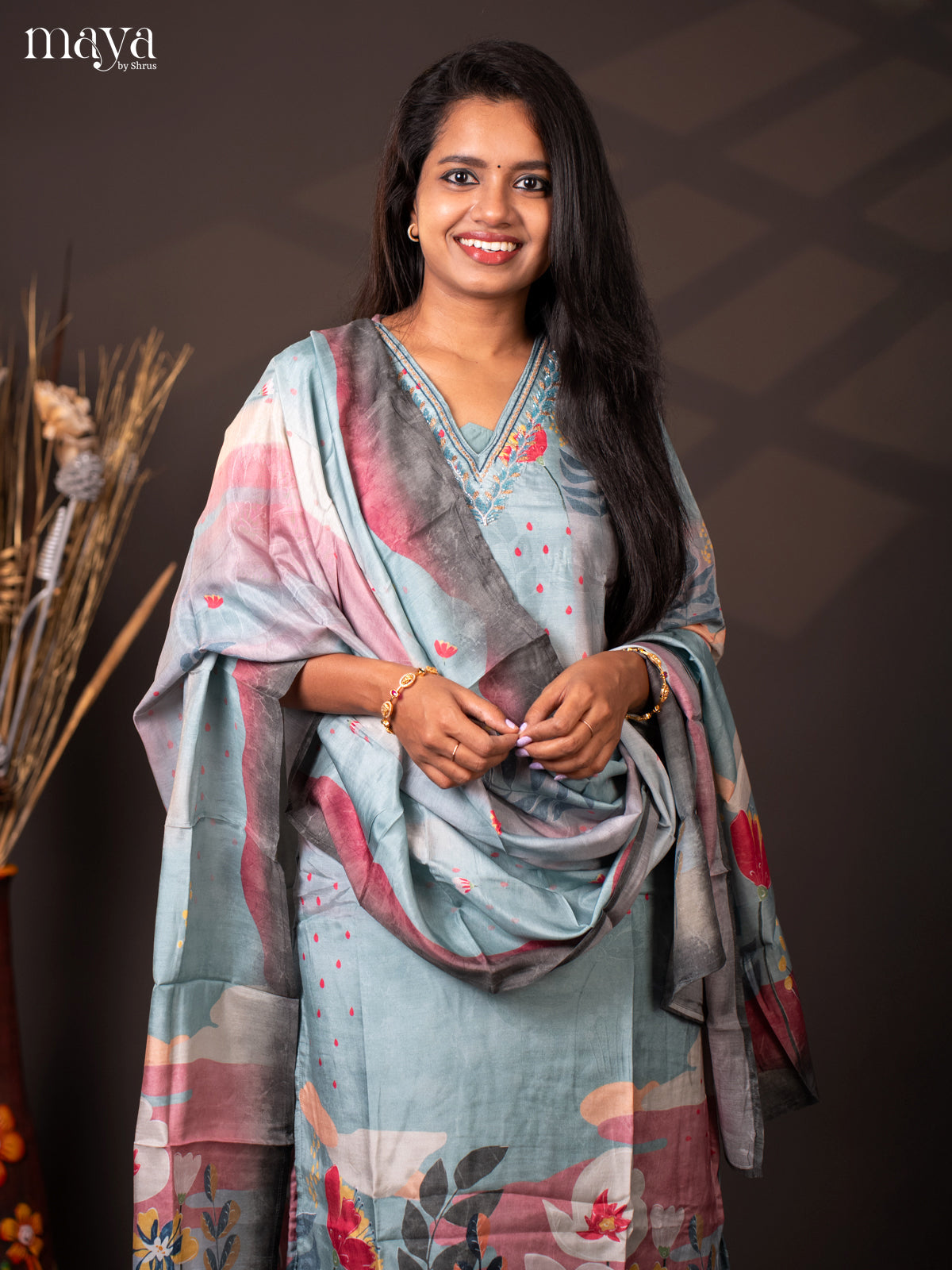 Embroidered Rayon 3Pc Blue Salwar Suit - Top, Bottom & Dupatta