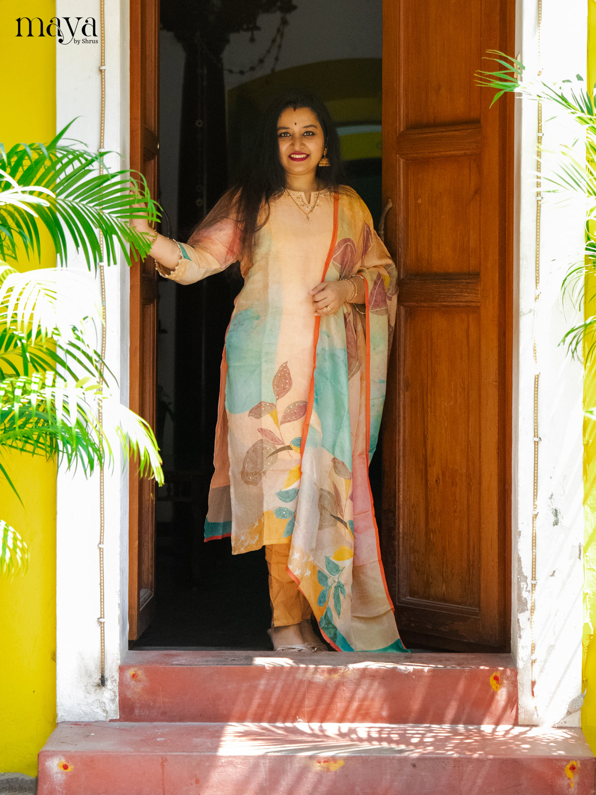 Embroidered Semi Raw Silk 3Pc Orange Salwar Suit - Top, Bottom & Dupatta