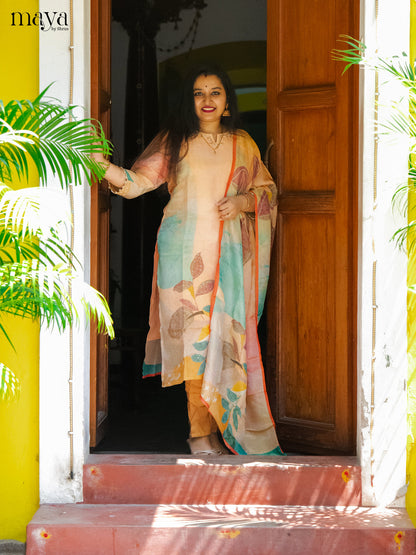 Embroidered Semi Raw Silk 3Pc Orange Salwar Suit - Top, Bottom & Dupatta