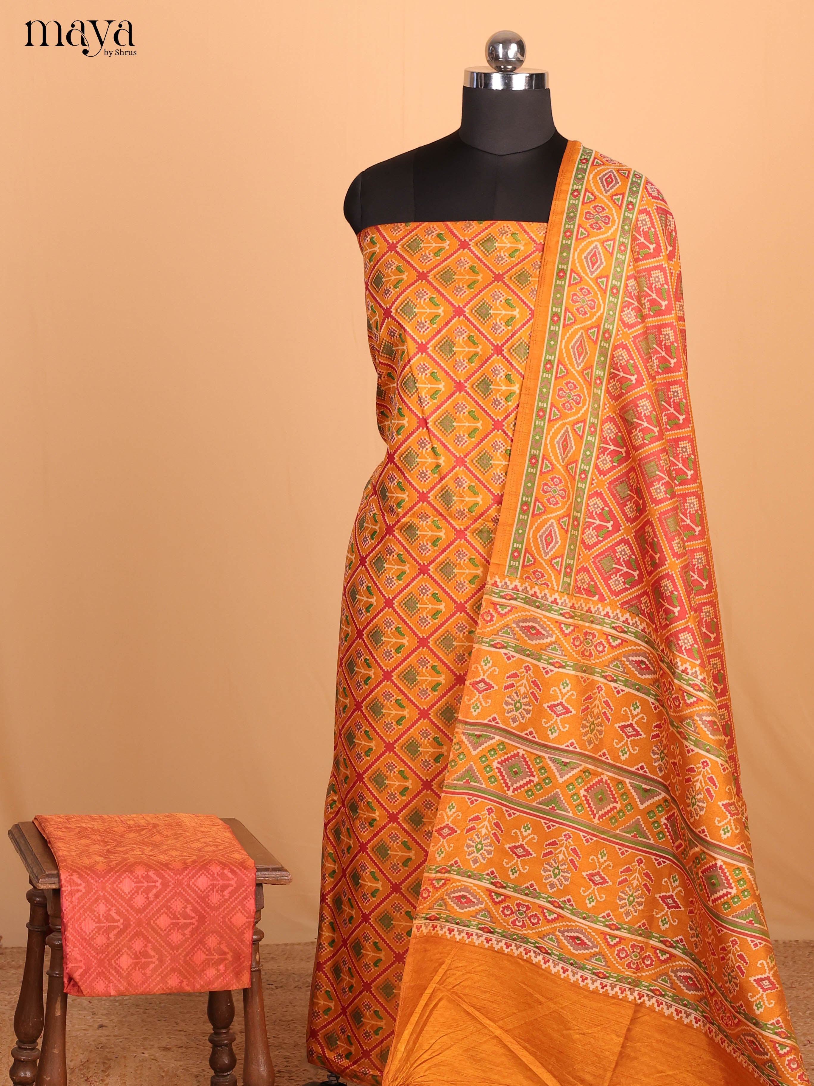 Mustard Yellow & Reddish Pink Semi Patola Unstitched Top, Bottom & Dupatta - MDB08091