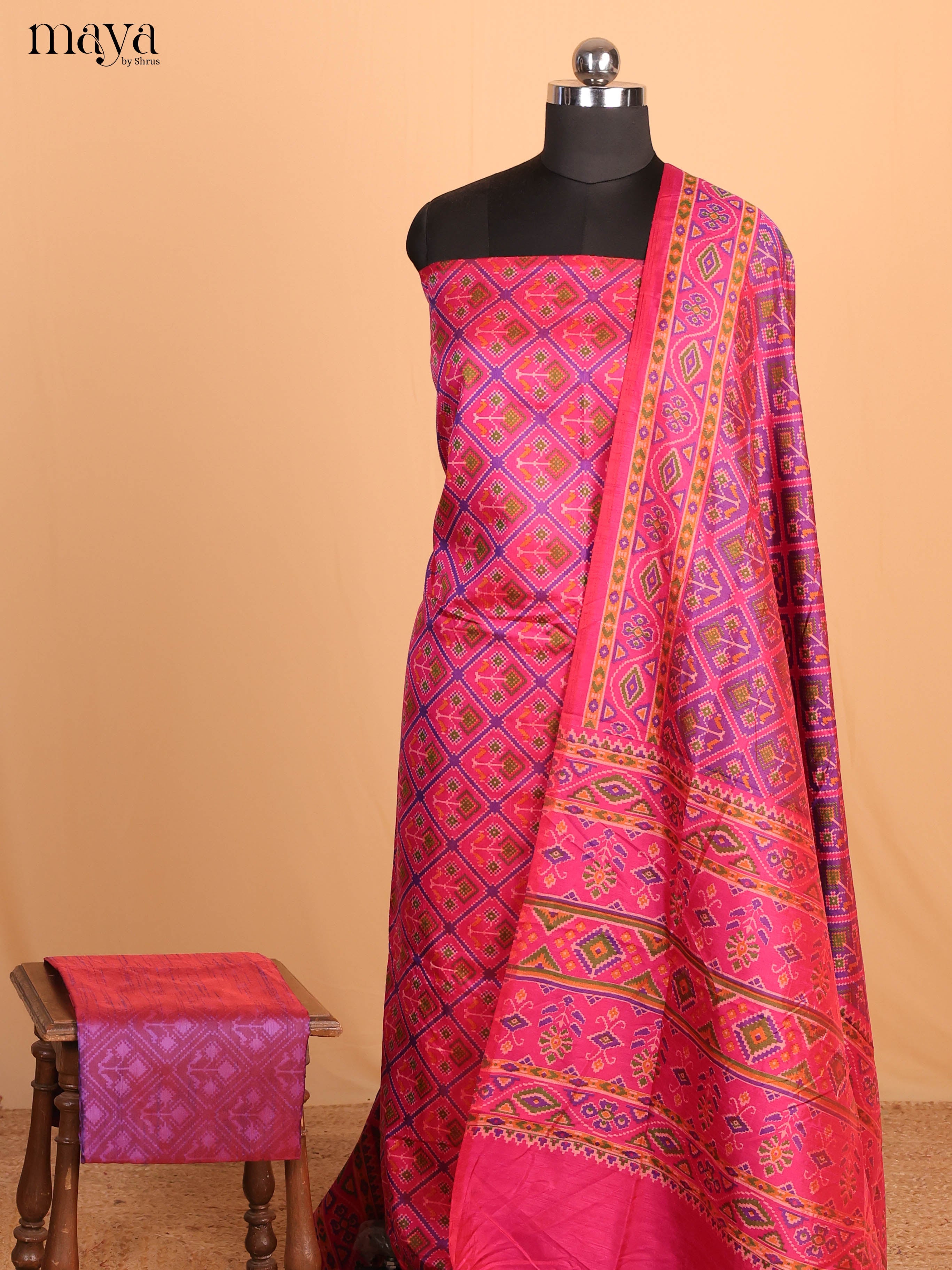 Pink & Purple Semi Patola Unstitched Top, Bottom & Dupatta - MDB08092