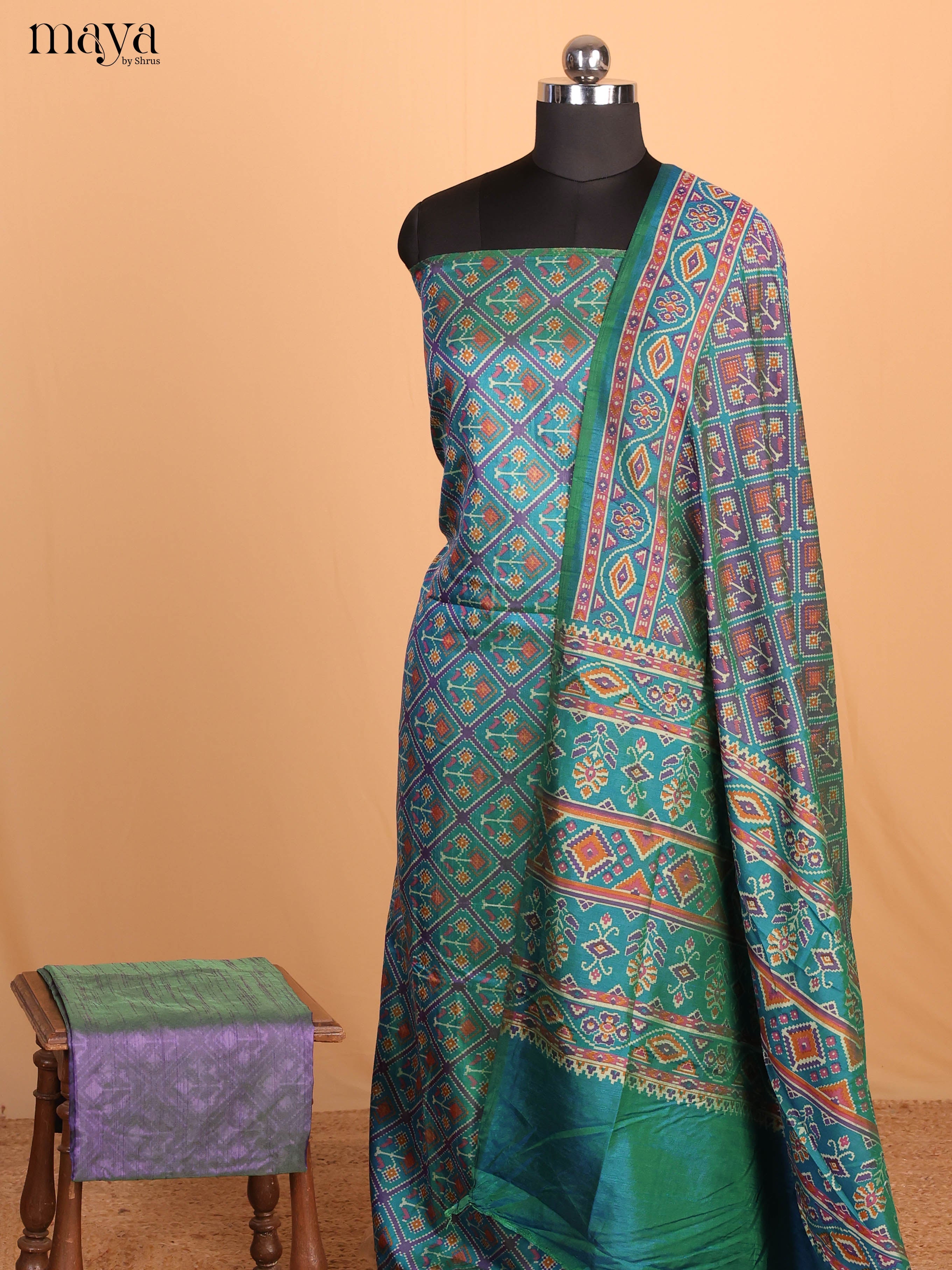 Blue & Violet Semi Patola Unstitched Top, Bottom & Dupatta - MDB08093