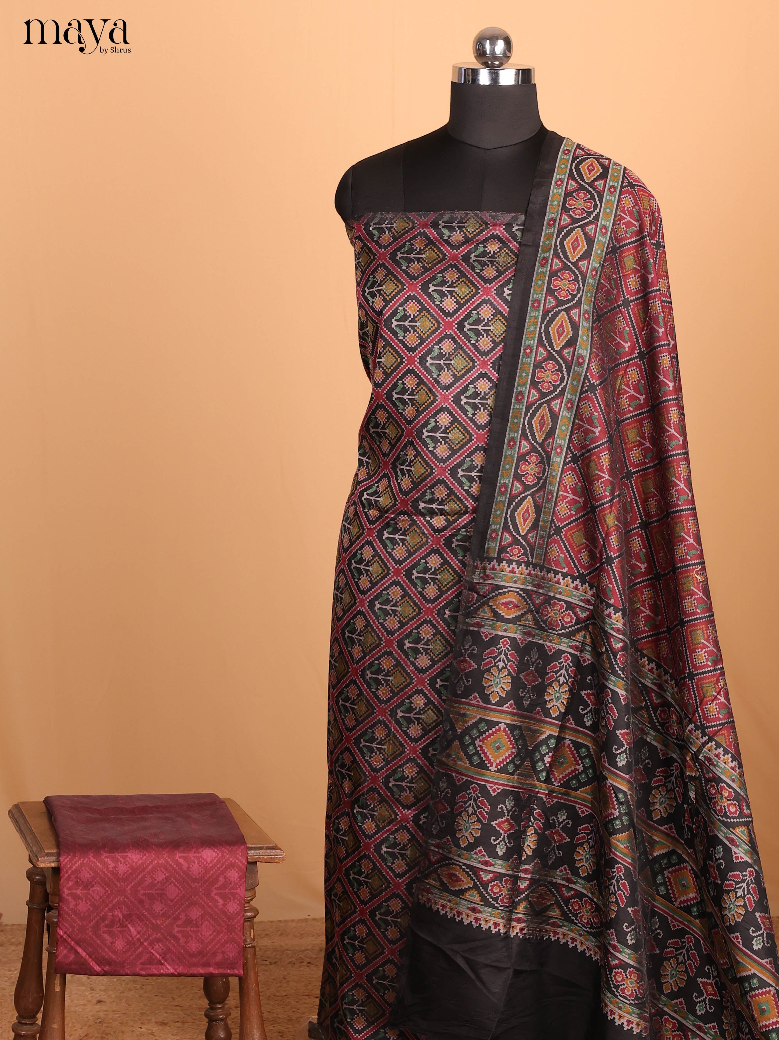 Black & Maroon Semi Patola Unstitched Top, Bottom & Dupatta - MDB08094