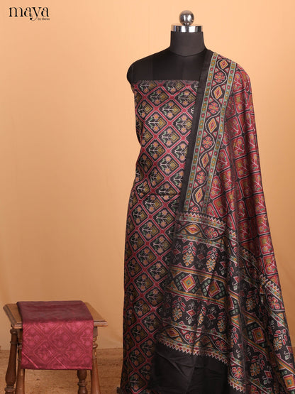 Black & Maroon Semi Patola Unstitched Top, Bottom & Dupatta - MDB08094