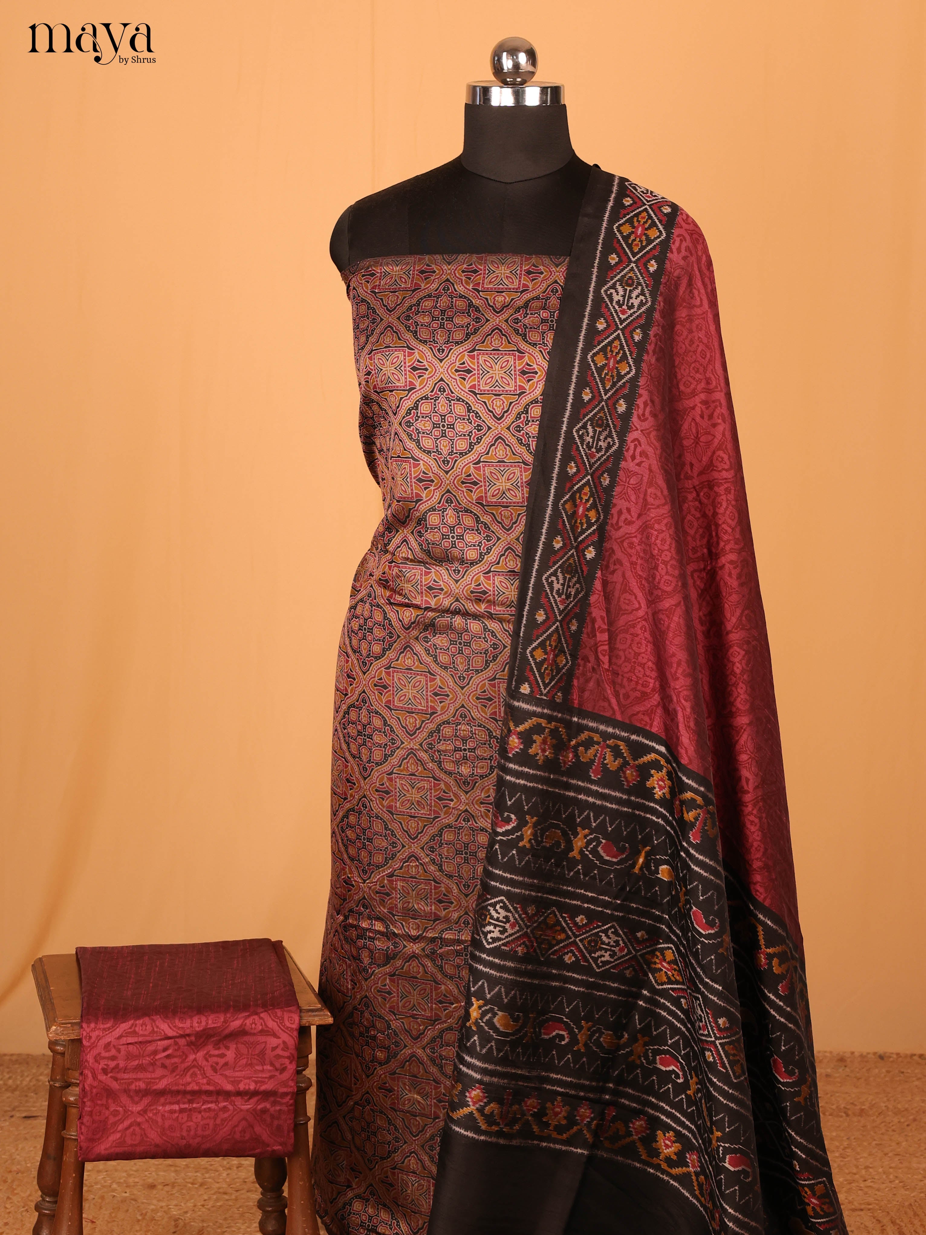 Light Brown & Maroon Semi Patola Unstitched Top, Bottom & Dupatta - MDB08095