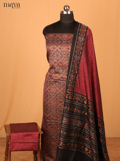 Light Brown & Maroon Semi Patola Unstitched Top, Bottom & Dupatta - MDB08095