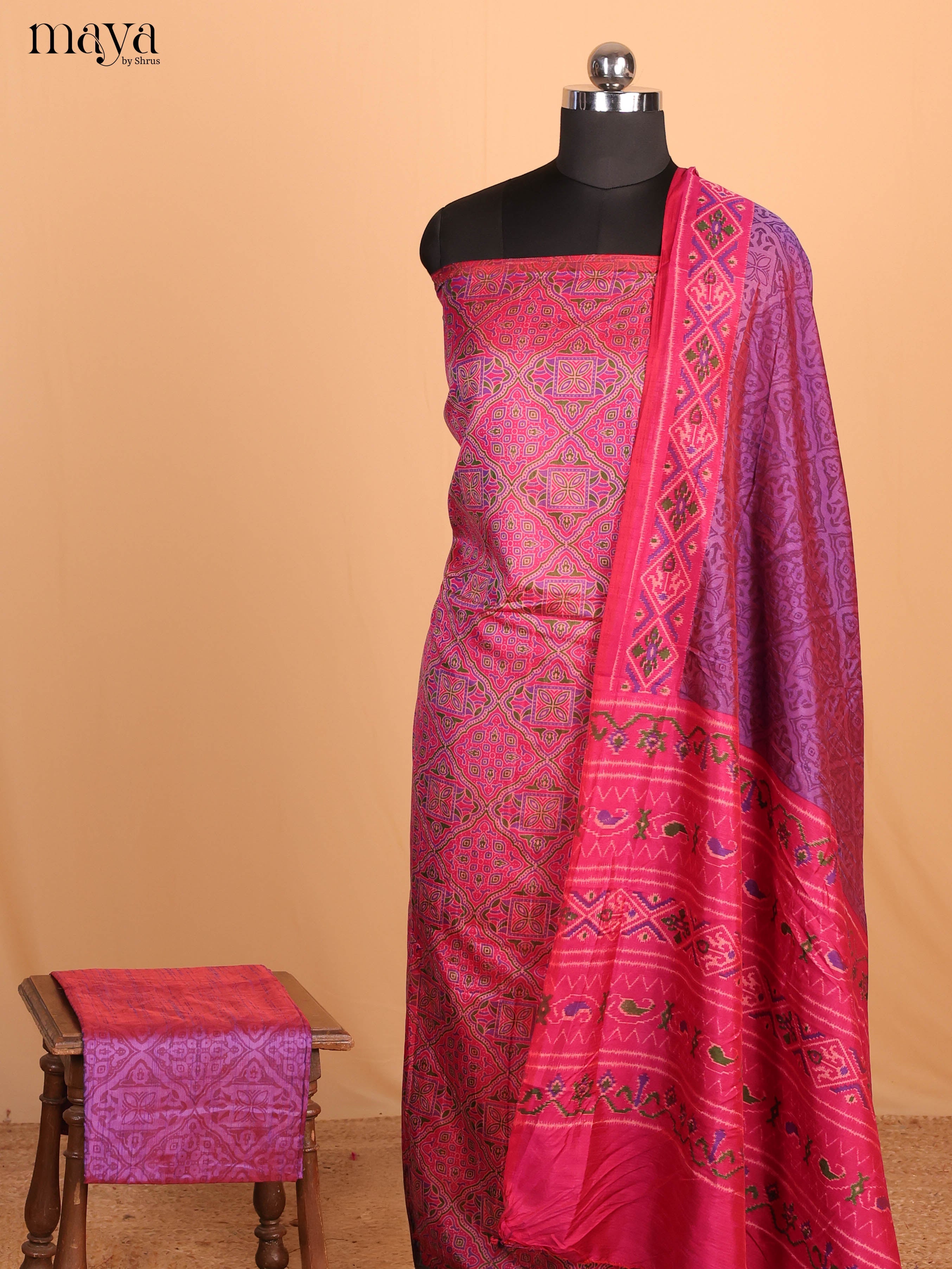 Pink & Purple Semi Patola Unstitched Top, Bottom & Dupatta - MDB08096