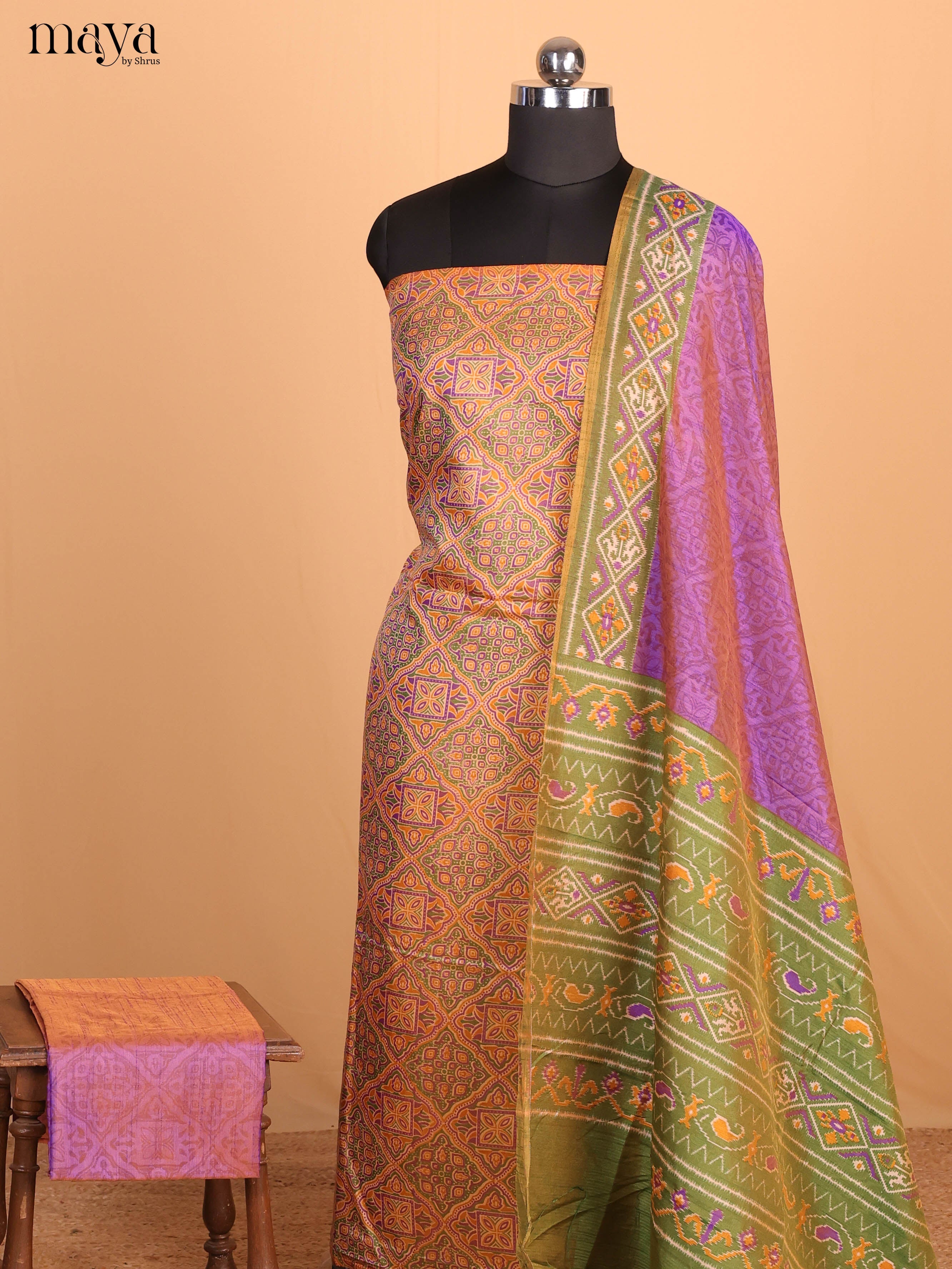 Mustard & Purple Semi Patola Unstitched Top, Bottom & Dupatta - MDB08097