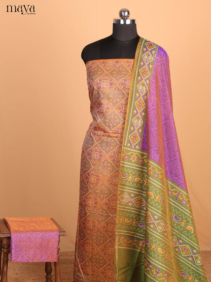 Mustard & Purple Semi Patola Unstitched Top, Bottom & Dupatta - MDB08097