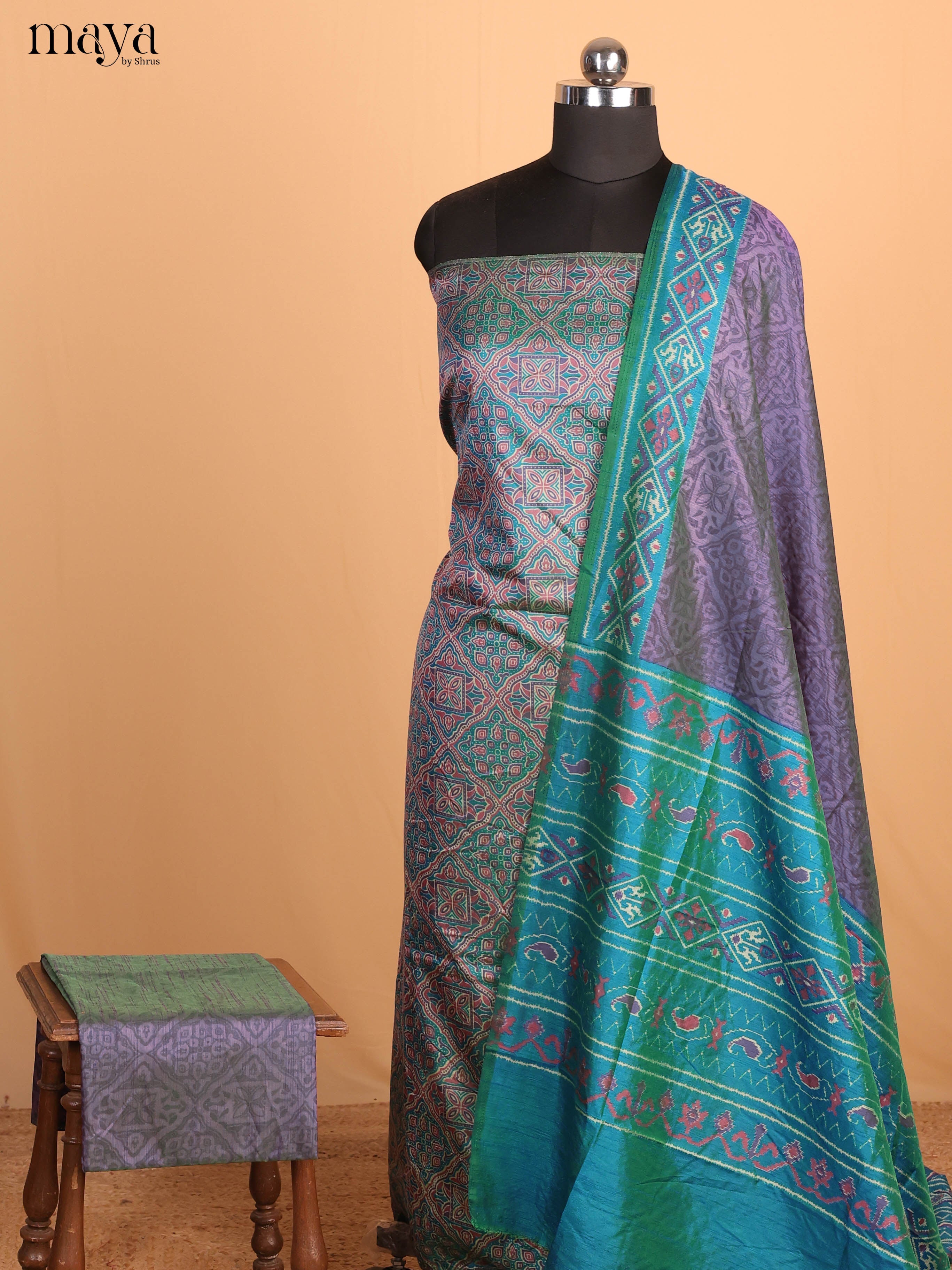 Blue & Violet Semi Patola Unstitched Top, Bottom & Dupatta - MDB08098
