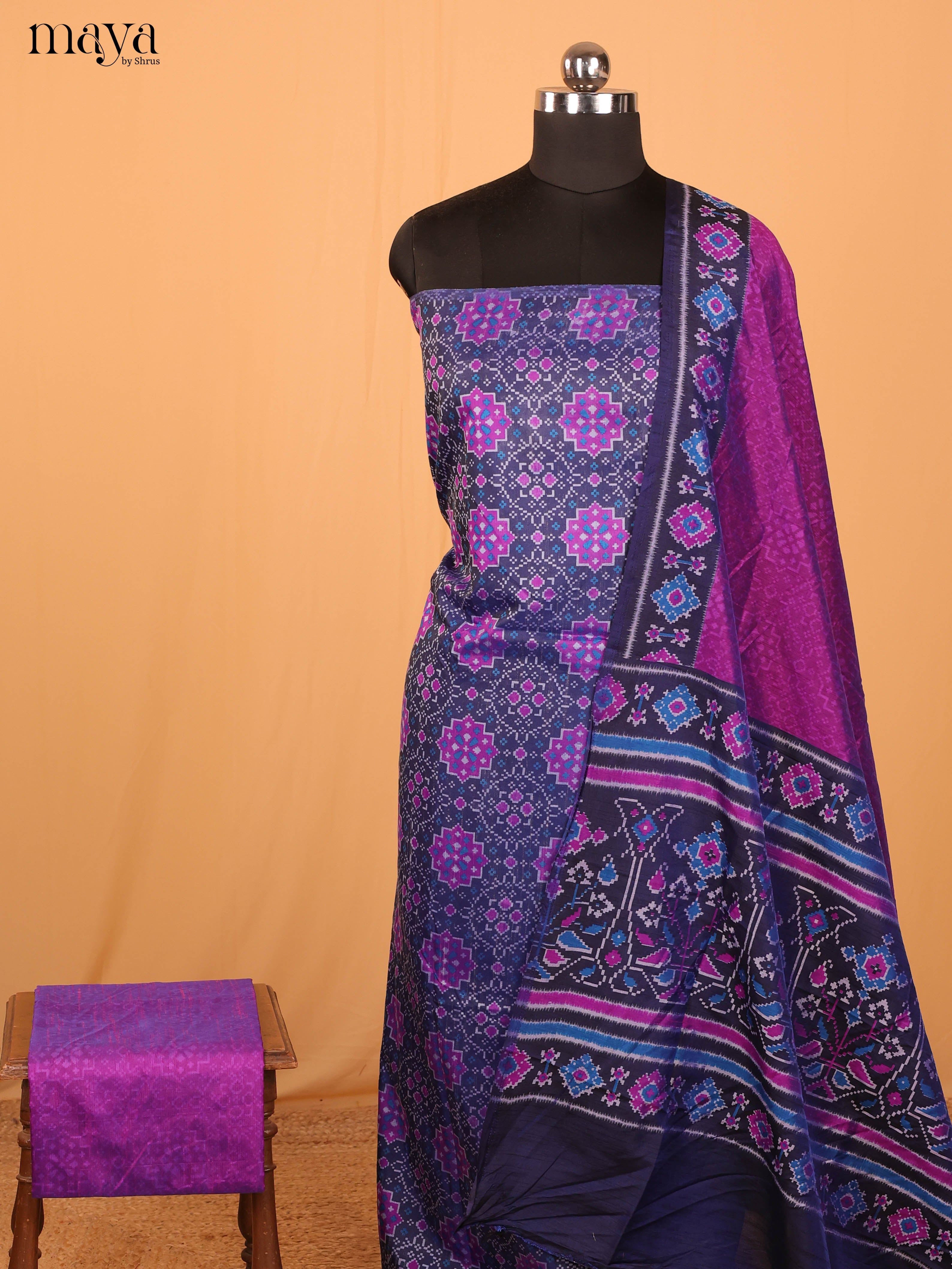 Violet & Purple Semi Patola Unstitched Top, Bottom & Dupatta - MDB08099