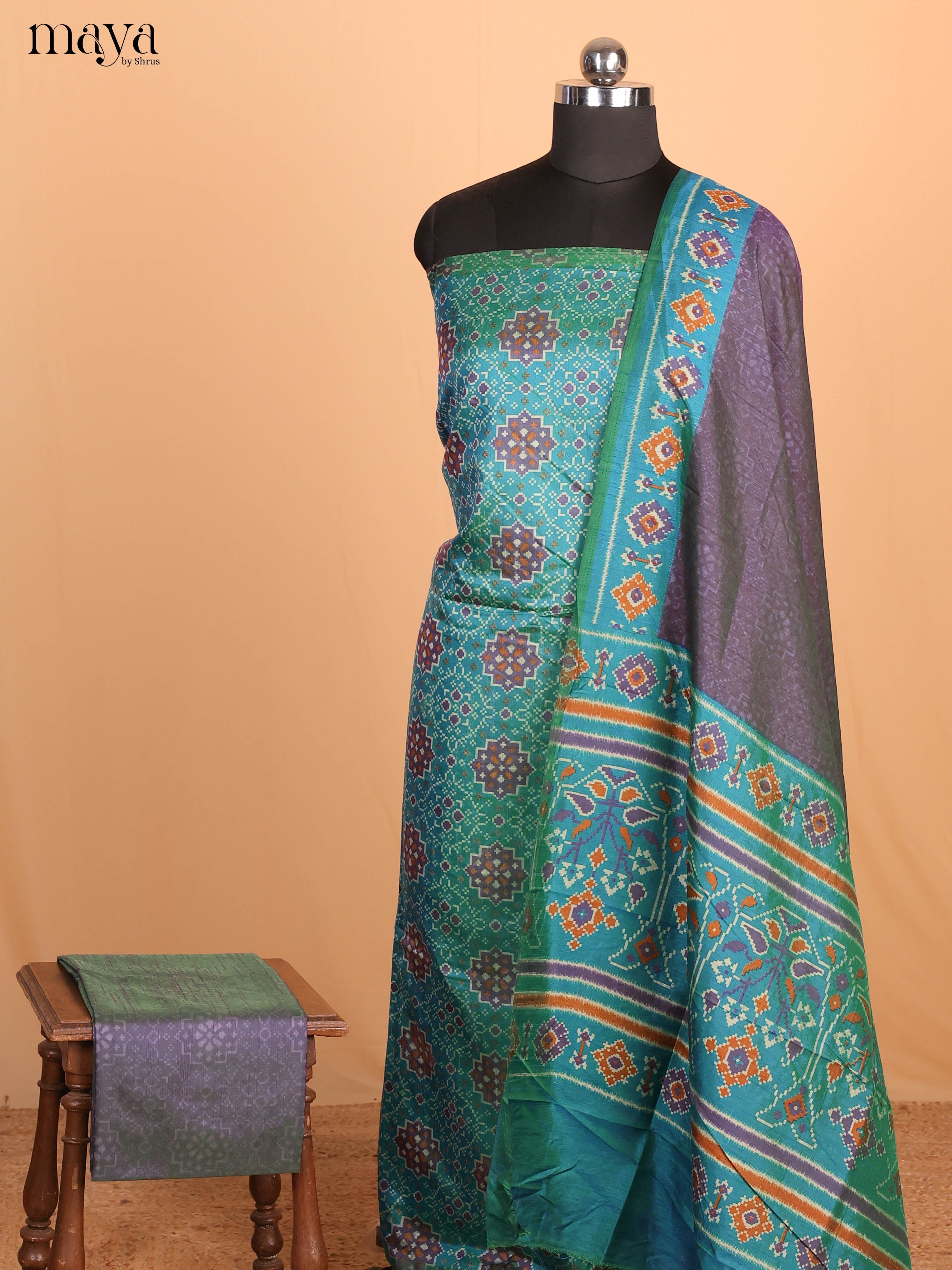 Blue & Purple Semi Patola Unstitched Top, Bottom & Dupatta - MDB08100