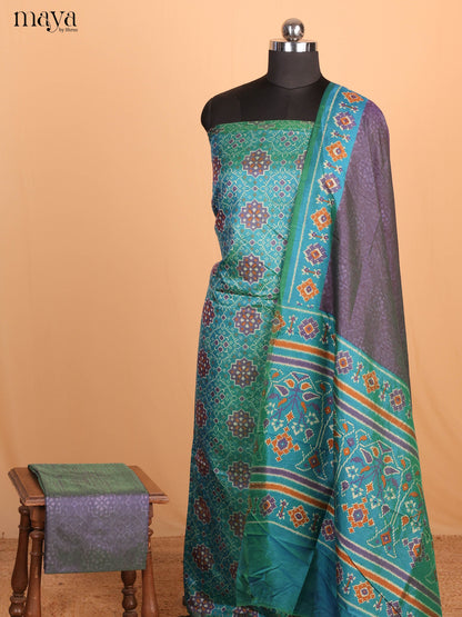 Blue & Purple Semi Patola Unstitched Top, Bottom & Dupatta - MDB08100