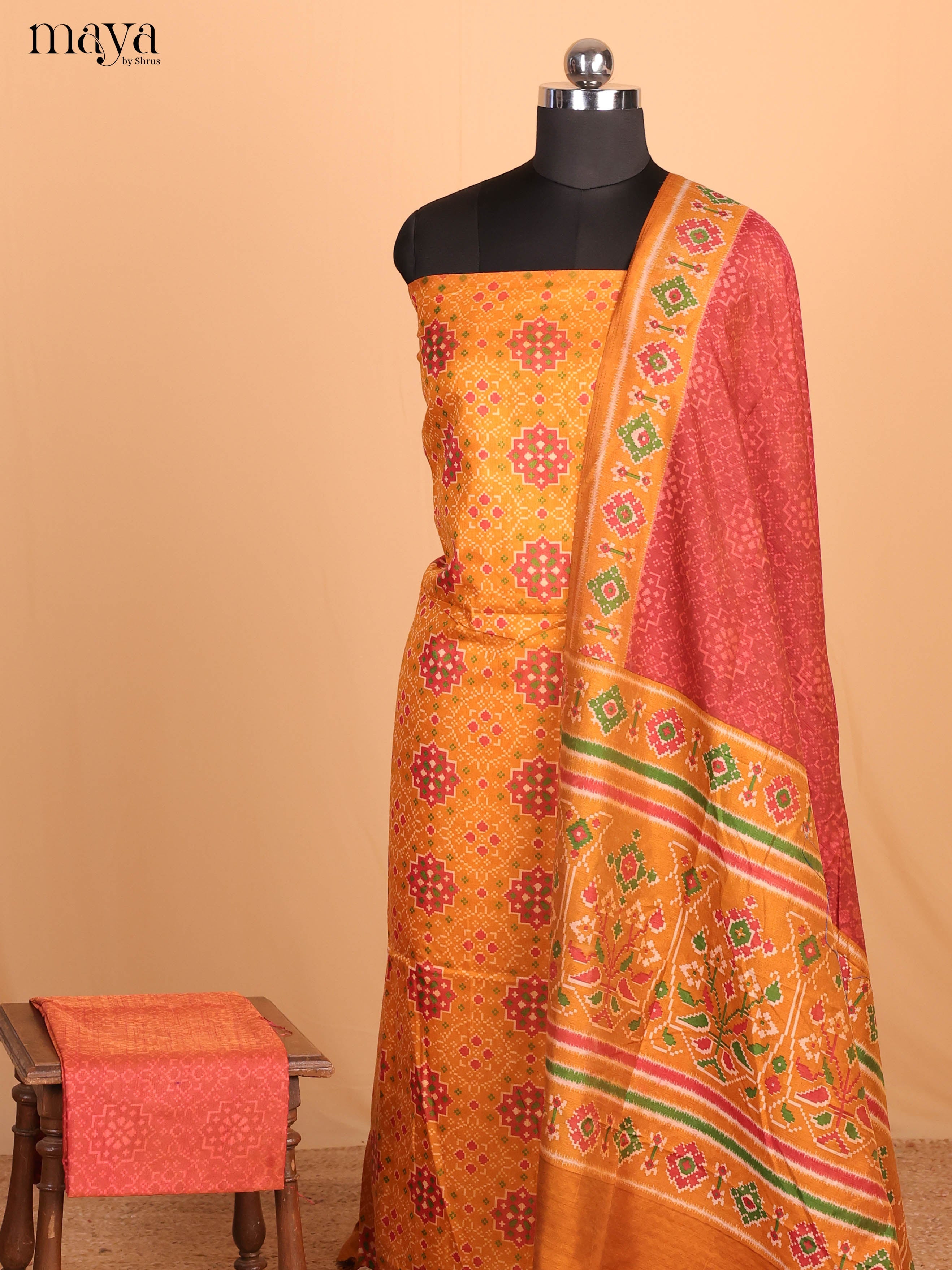 Mustard Yellow & Red Semi Patola Unstitched Top, Bottom & Dupatta - MDB08101