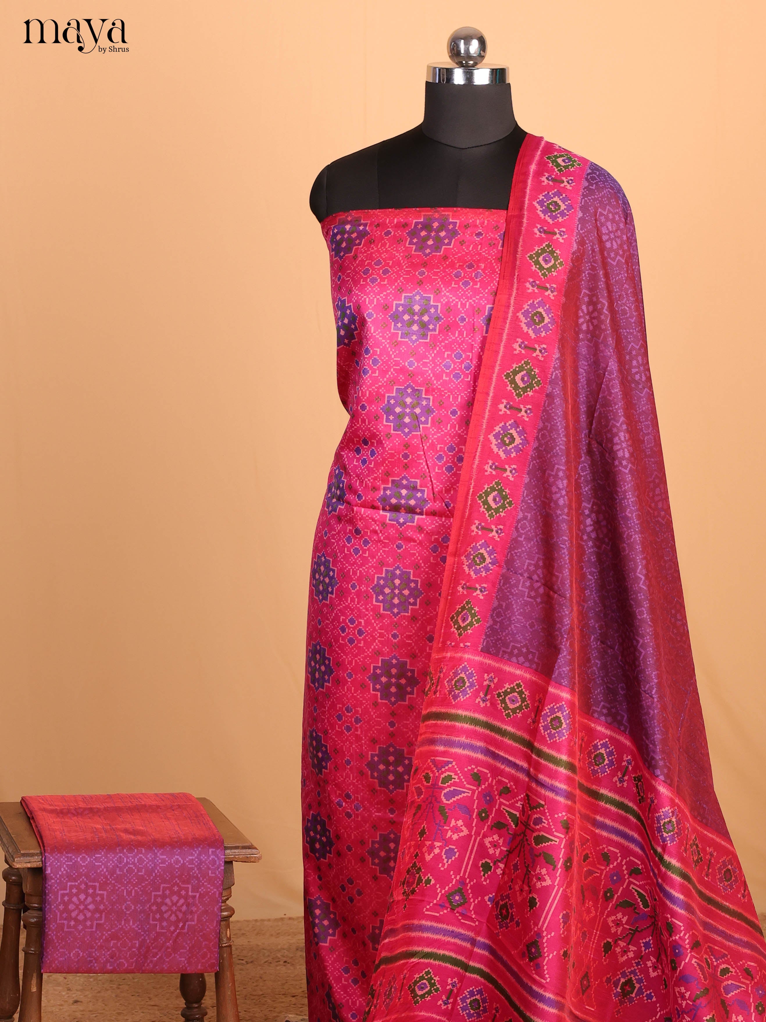 Pink & Purple Semi Patola Unstitched Top, Bottom & Dupatta - MDB08102