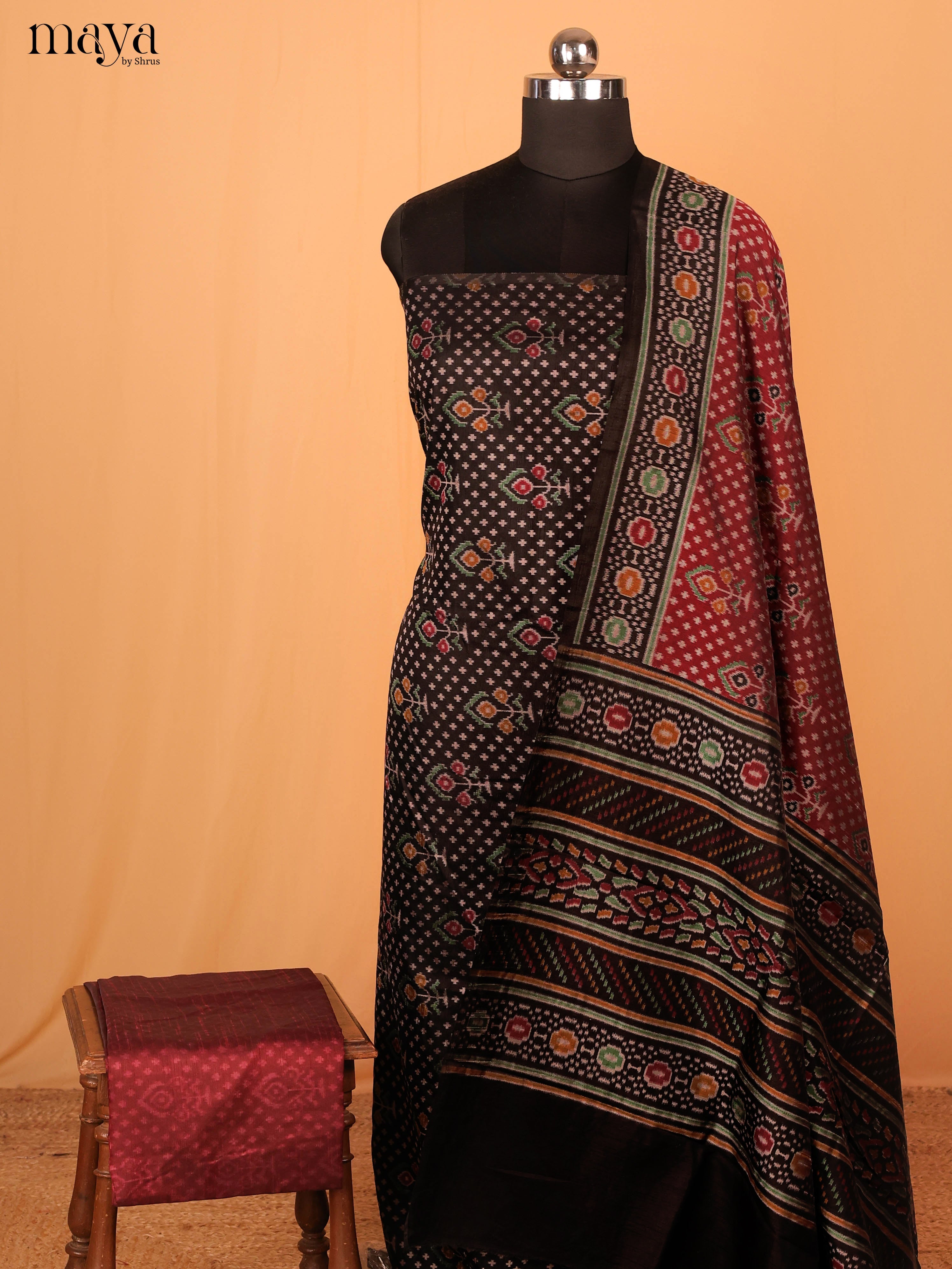 Black & Maroon Semi Patola Unstitched Top, Bottom & Dupatta - MDB08103