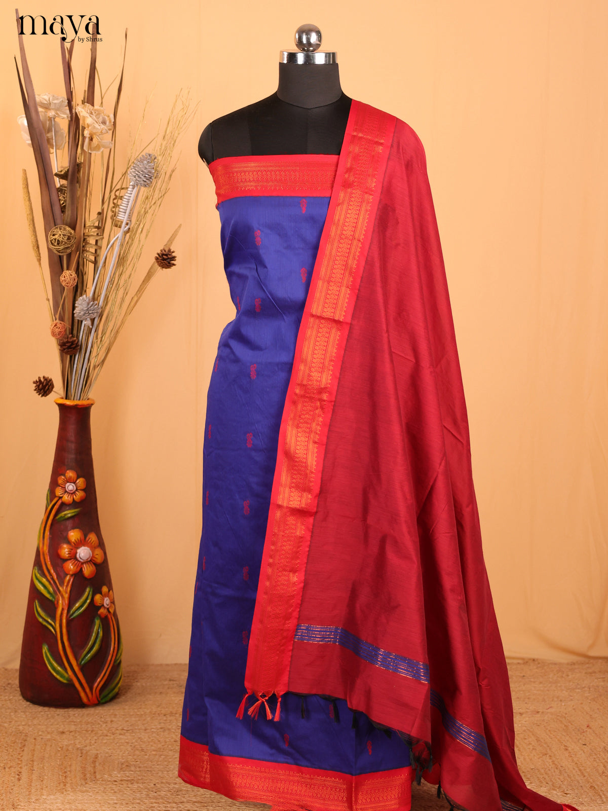 Blue & Red Kalyani Cotton Unstitched Top & Dupatta - MDB11001