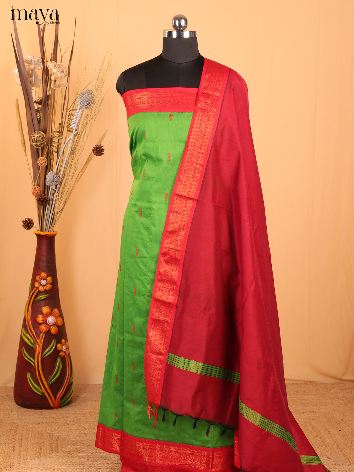 Green & Red Kalyani Cotton Unstitched Top & Dupatta - MDB11002