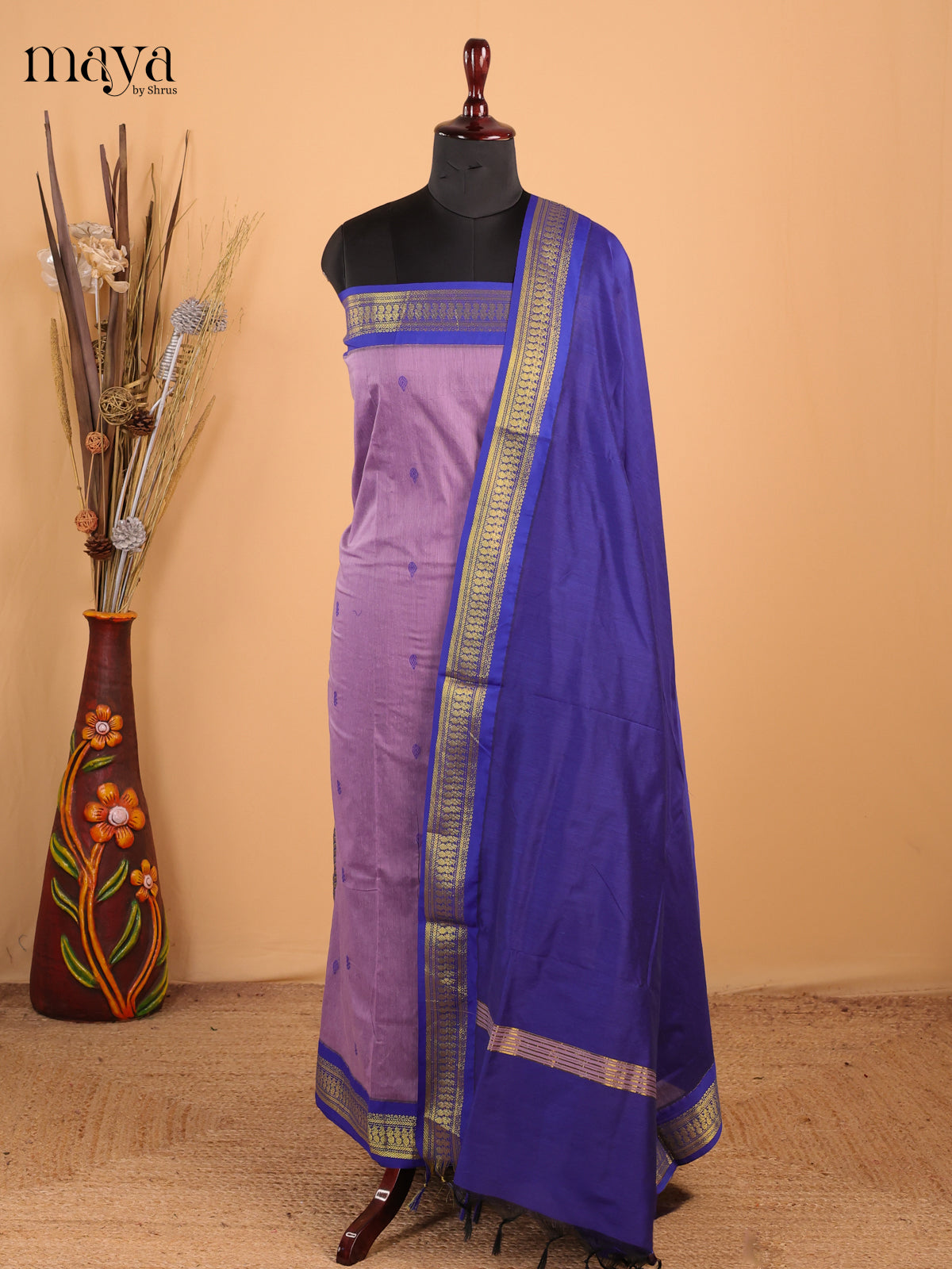 Onion Pink & Blue - Kalyani Cotton unstitched Top & Dupatta - MDB11003