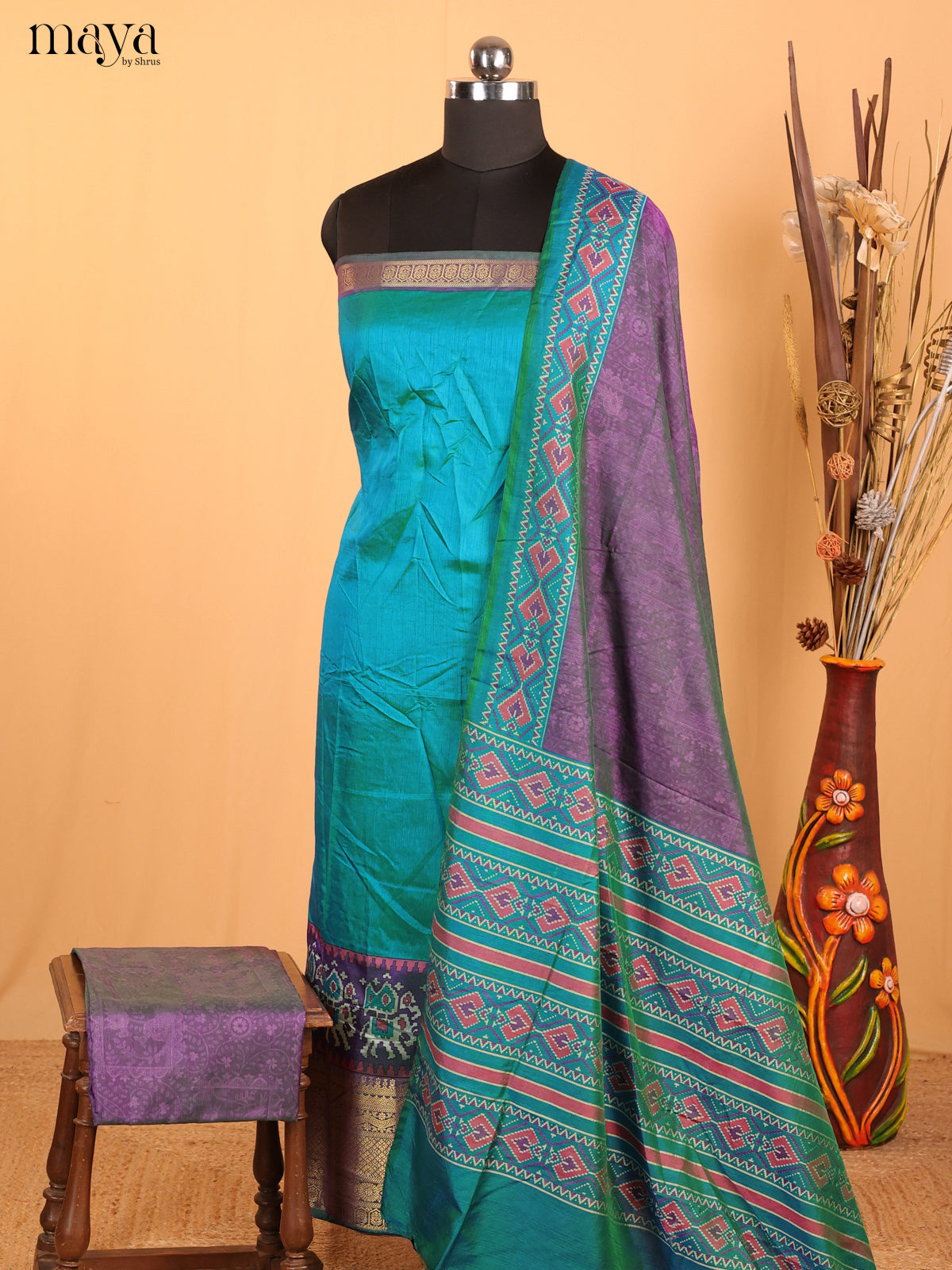 Blue & Purple Semi Patola Unstitched Top, Bottom & Dupatta - MDB12002