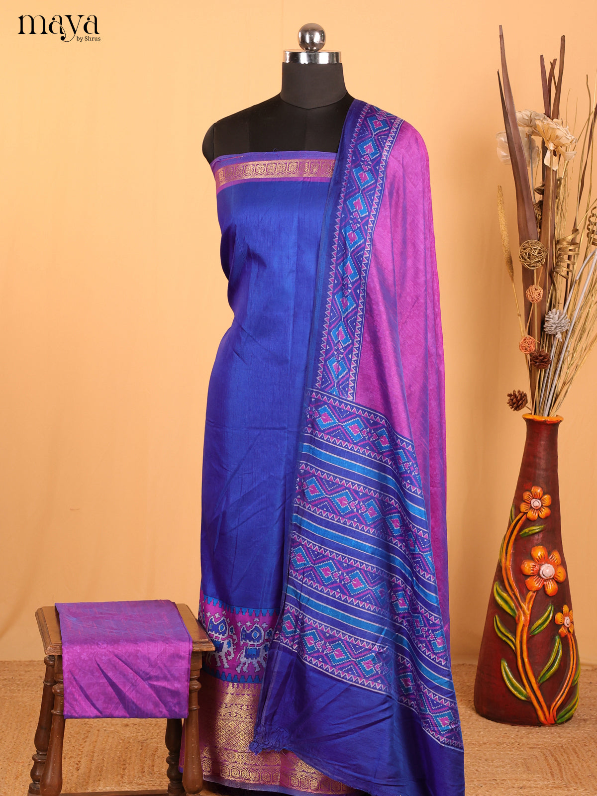 Blue & Purple Semi Patola Unstitched Top, Bottom & Dupatta - MDB12003