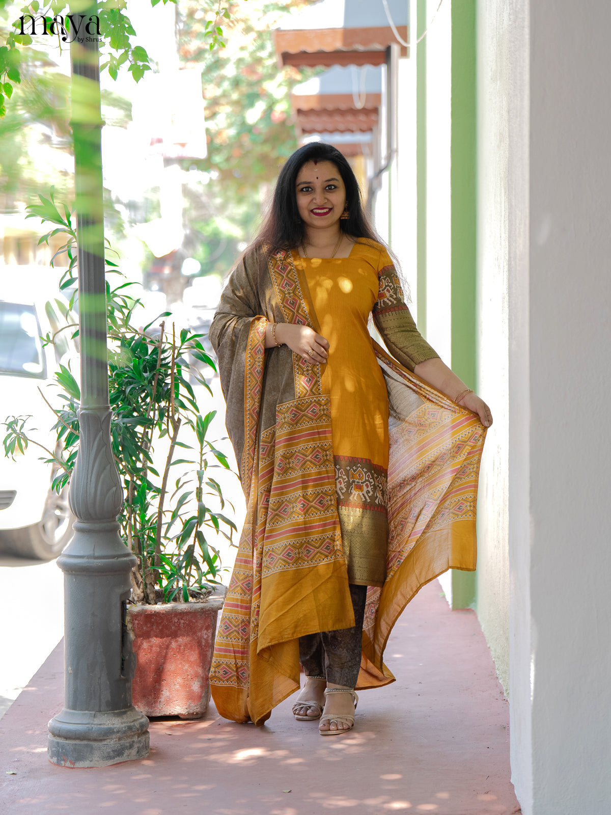 Yellow & Light Brown Semi Patola Unstitched Top, Bottom & Dupatta -MDB12004